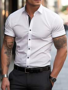Manfinity Mode Men's 3pcs Casual Solid Color Short Sleeve Shirt, Versatile For Summer, Formal, Ceremony - Multicolor - View 5