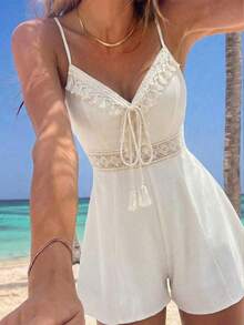 SHEIN MOD Bộ jumpsuit hai dây tua rua trang trí cho nữ mùa hè, thích hợp đi biển, dự tiệc, đi nghỉ mát, mùa hè. - Màu be - Xem 2