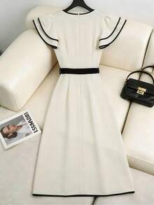 Franclia New Arrival Fashionable & Elegant Contrast Color Asymmetrical Hem Dress - Apricot - View 2