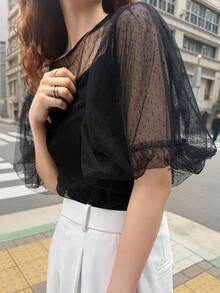 FRIFUL Áo thun nữ màu nâu trơn cổ tròn tay cánh hoa chất liệu lưới xuyên thấu dáng rộng thoải mái, thích hợp mặc ngoài. - màu đen - Xem 7