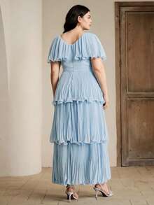 Anewsta Vestido plisado de línea A con cuello en V elegante, cintura ceñida y mangas de murciélago para mujeres de talla grande - Azul - Ver 7