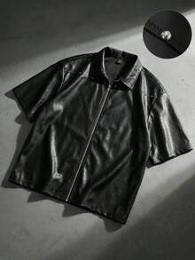 ROMWE MEN Men's Rivet PU Loose Shirt - Black - View 1