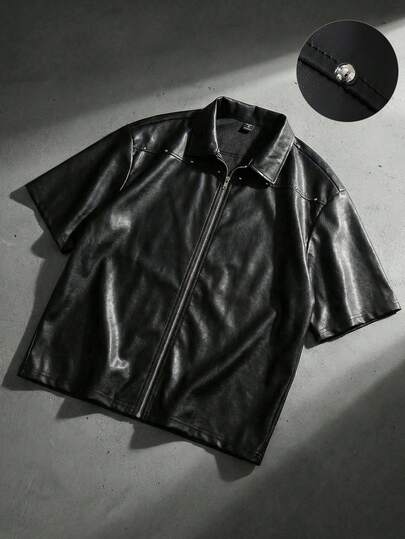 ROMWE MEN Men's Rivet PU Loose Shirt