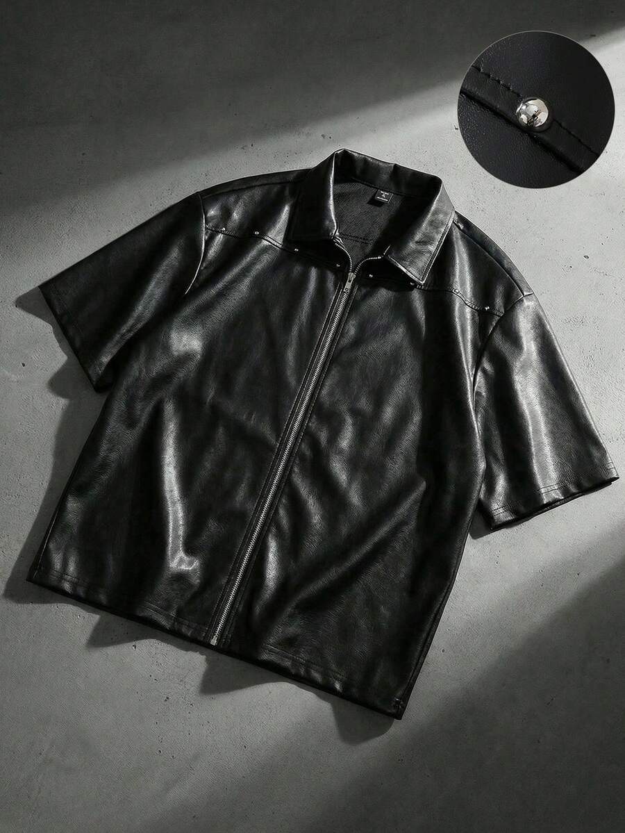 ROMWE MEN Men's Rivet PU Loose Shirt - Black - View 1