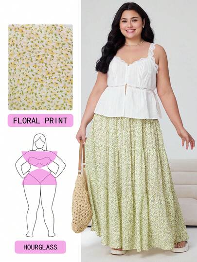 Solflare Spring/Summer New Casual Everyday Wear, Party, Music Festival, Back To School, Graduation, Commute, Vacation, High Street, Store Visit, City Stroll, Multi-Occasion Wear, Elastic Waistband, Multi-Layer Ruching, Romantic Flowy Maxi Skirt, Yellow-Green Floral Chiffon Print, Plus Size