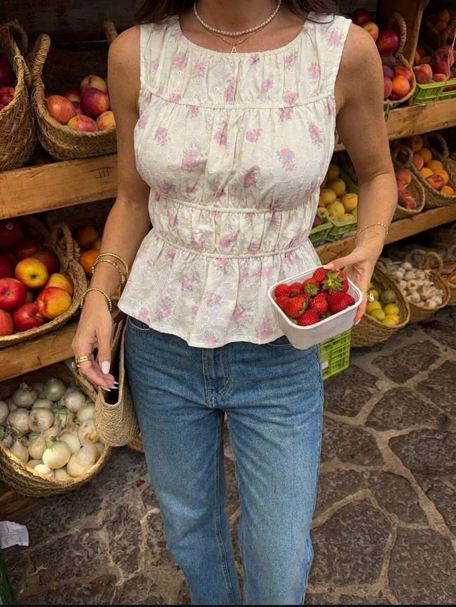 Serisse Women's Round Neck Sleeveless Ruffle Embroidery & Floral Print BlouseFrench Summer Pink Embroidered Floral Print Sleeveless Ruffle Hem Blouse, Sweet Shirred Waist Design, Ideal For Daily Outings/Countryside Dates,Summer Top,Beach Outfit,Casual Blouses For Women,Vacation Outfits Women,Ruffle Dress,Pink Blouse Women's Tops For Summer Nice Top To Go With Jeans Summer Casual Tops Summer Tops To Wear With Jeans - Baby Pink - View 1