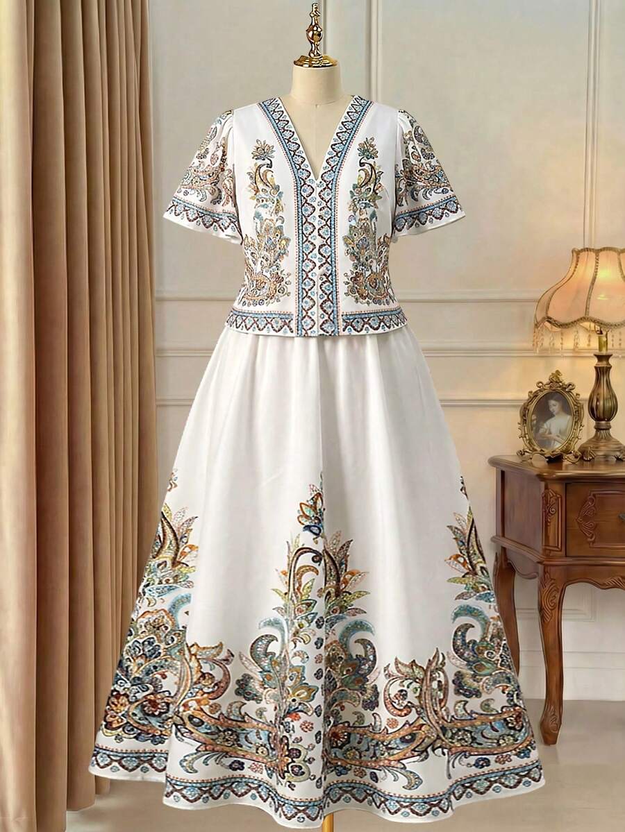 Rometta 2 chiếc/Bộ áo sơ mi tay ngắn họa tiết hạt điều kỹ thuật số cỡ lớn dành cho nữ + váy - Nhiều màu - Xem 1