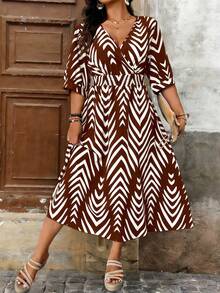 EMERY ROSE 优雅印花短袖连衣裙，夏季 - 咖啡棕 - 查看 3