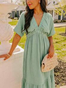 Coeurva Women's Casual Romantic Vacation Floral Print Cotton V-Neck Solid Green Dress Dresses Yelloe Dress Zanzea Dress For Women Woman Dress - Gray green - View 2