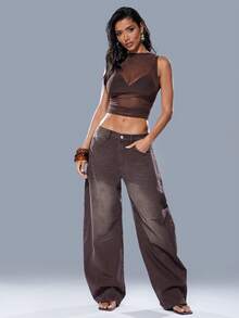 Denimoi Jeans de cintura baja con hoja curva en estilo retro - Marrón - Ver 4