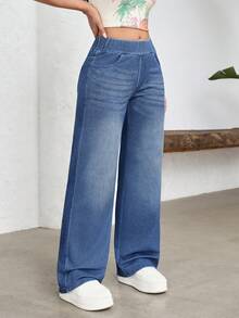 SHEIN FlexDen Quần jean ống rộng cạp chun co giãn dành cho nữ, kiểu dáng thể thao năng động. - Rửa tối - Xem 3
