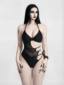 ROMWE Goth Women's Sexy One-Piece Swimsuit With Spider Web Mesh Cutout Lace-Up Design - Black - View 1