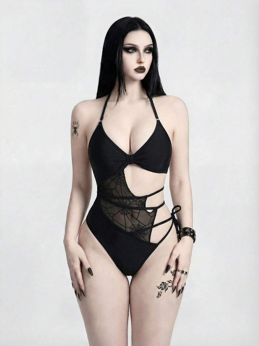 ROMWE Goth Women's Sexy One-Piece Swimsuit With Spider Web Mesh Cutout Lace-Up Design - Black - View 1