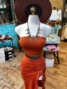 NostaNoir 女士时尚纯色无袖抽绳开衩中长抹胸连衣裙 - 橘色 - 查看 3