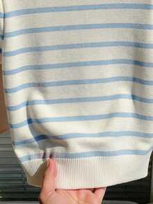 CovetEZ Áo thun nữ dệt kim kiểu dáng sinh viên, thương hiệu độc đáo, dòng sản phẩm gấu bông đang gây sốt, cổ áo polo tay ngắn cực dễ thương, phù hợp cho mùa xuân và mùa hè. - Xanh và trắng - Xem 4