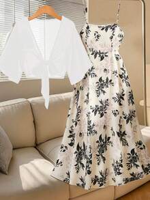 Rometta 大码女士优雅雪纺外套搭配碎花连衣裙两件套，A字型碎花连衣裙配细肩带，修身显瘦设计，适合返校、毕业典礼、情人节、音乐节、母亲节、万圣节、感恩节、复活节、国庆节、舞会、约会、派对、婚礼、户外活动等场合。 - 杏色 - 查看 6