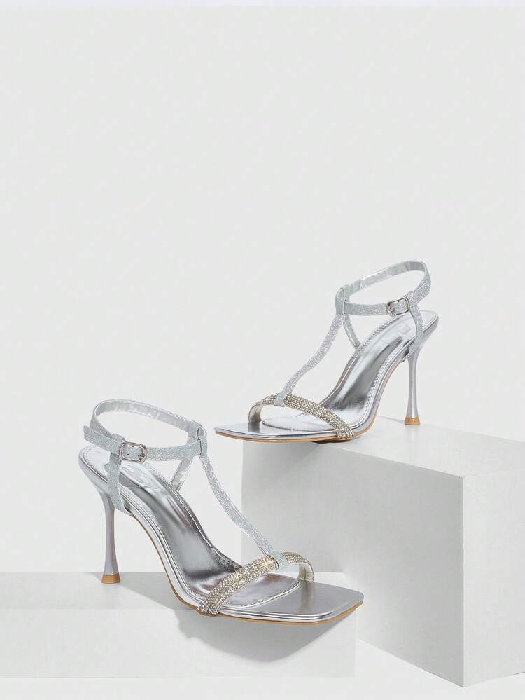 CUCCOO SZL Women's Square Toe Stiletto High Heel Shoes, Sexy Fashion Rhinestone Chain Ankle Strap, Suitable For Dress, Party, Nightclub Prom Heels