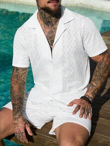 Manfinity RSRT Bộ đồ nam màu trắng, chất liệu dệt jacquard khoét lỗ, kiểu dáng thường ngày, gồm áo sơ mi ngắn tay và quần short, thích hợp cho kỳ nghỉ. - trắng - Xem 6