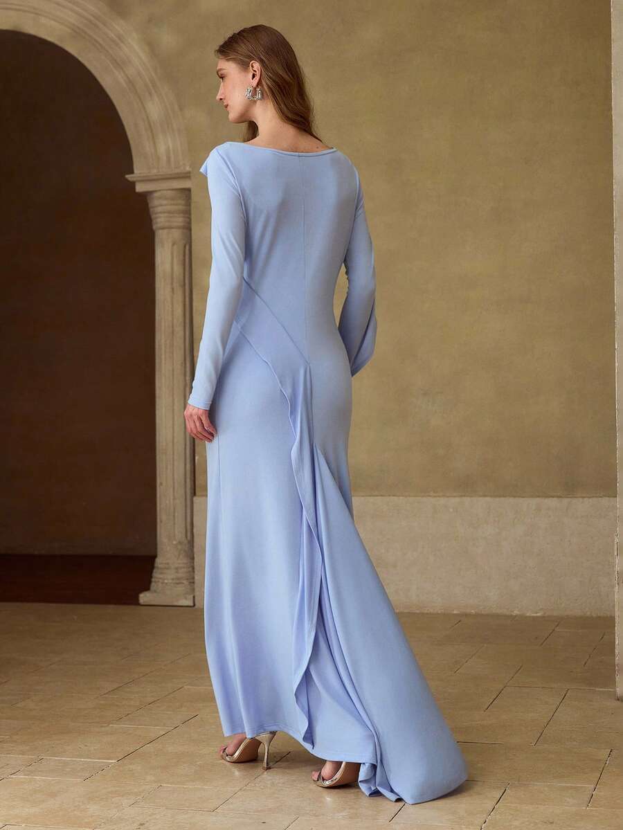 MOTF PREMIUM RUFFLE TRIM RUCHED MERMAID HEM DRESS - Sky Blue - View 2