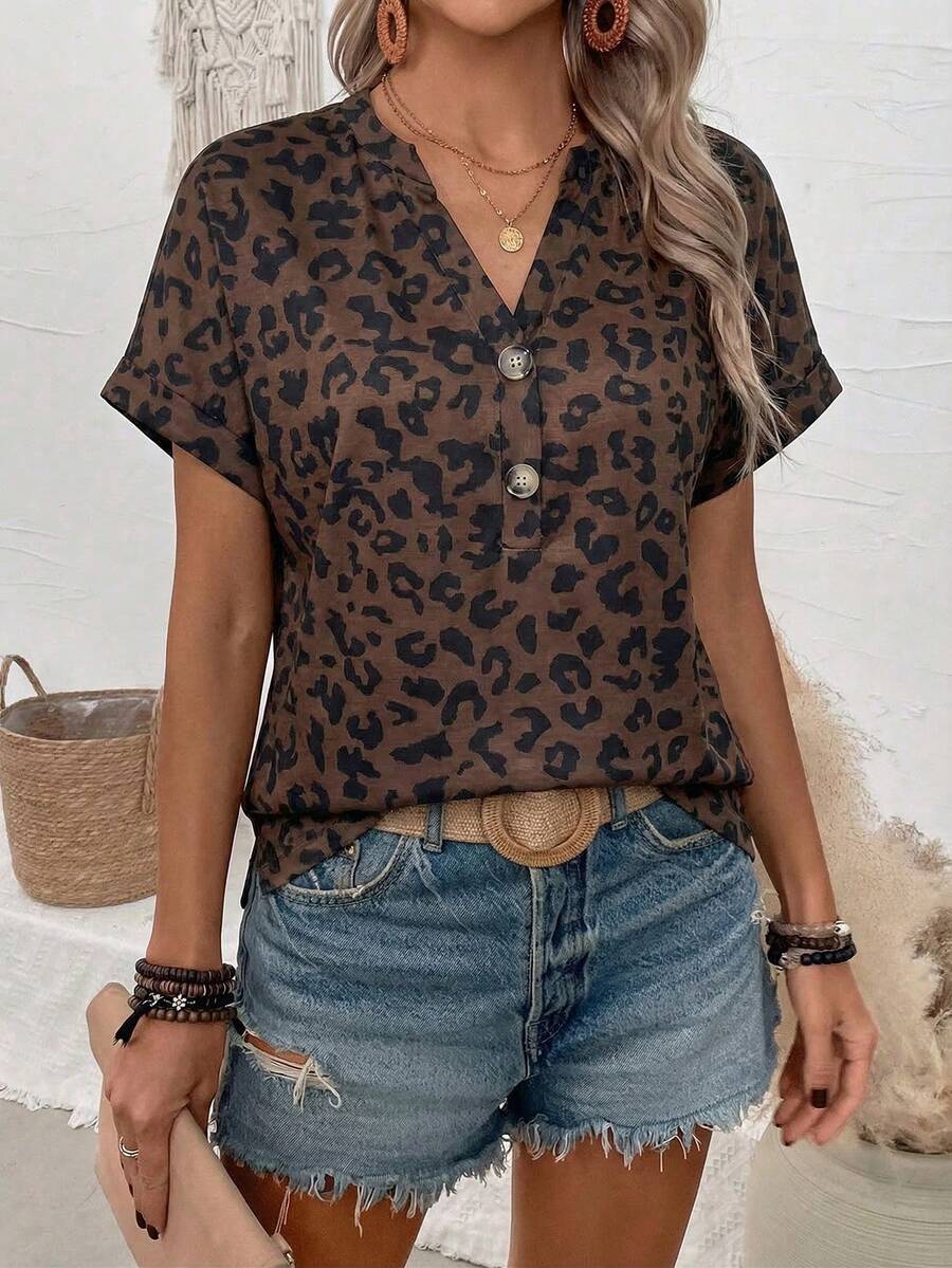 Selamara New Arrival Women's Fashion Casual Versatile V-Neck Leopard Print Short Sleeve T-Shirt - Multicolor - View 1