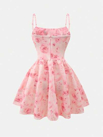 SHEIN Girlism Vestido de camiseta con cintura fruncida con estampado floral rosado para adolescentes, conjunto elegante para salidas y reuniones, primavera/verano, vacaciones y días festivos