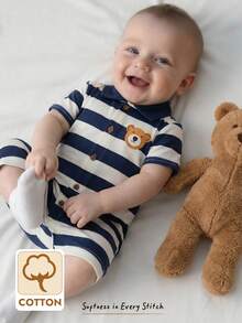 Cozy Pixies Pelele de manga corta con cuello de solapa y estampado de oso de dibujos animados para bebé niño - Azul - Ver 6