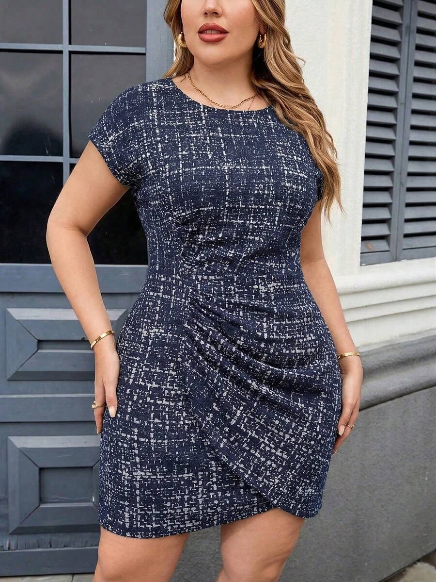 SHEIN Clasi Đầm cỡ lớn dáng lệch vạt, thắt eo, in hoa. - Xanh và trắng - Xem 1