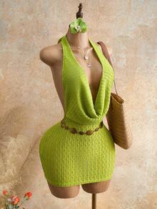 Mistrie Đầm mini ôm sát gợi cảm, lãng mạn màu xanh bơ, chất liệu vải dệt họa tiết, cổ khoét sâu, lưng hở, dây buộc, thích hợp cho mùa hè/thường ngày/đi biển/dã ngoại/kỳ nghỉ/hẹn hò/tiệc tùng/dự đám cưới/tiệc trà chiều và mặc hàng ngày. - Màu xanh Ô liu - Xem 3