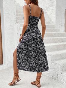 SHEIN Frenchy Women's Casual Vacation High Slit Mid-Length Dress, Ditsy Floral Dress, Women's Summer Outfit, Women's Vacation Outfit - Multicolor - View 2