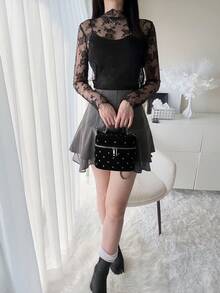 FRIFUL 女士春夏性感薄纱花卉蕾丝百合长袖修身衬衫（不含吊带背心） - 黑色 - 查看 2