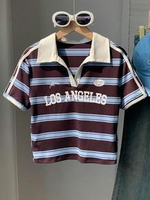 Comfortcana Women's Retro Colorblock Print Polo Collar Fitted T-Shirt - Brown - View 5