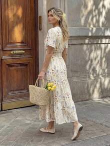 Hansera 2026春夏新款常规款女士单件加长碎花束腰连衣裙 - 杏色 - 查看 4