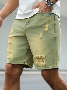 Manfinity Homme Men's Casual Washed Distressed Denim Shorts Distressed Denim Shorts Men - Army Green - View 3