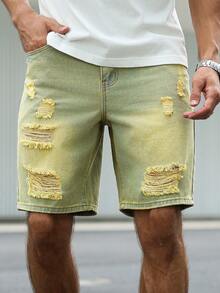 Manfinity Homme Men's Casual Washed Distressed Denim Shorts Distressed Denim Shorts Men - Army Green - View 6