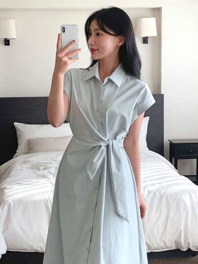 DAZY 女士纯色蝙蝠袖系腰单排扣休闲中长衬衫裙