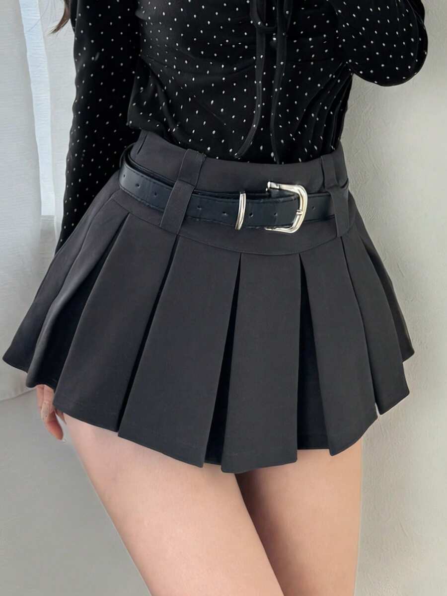 FRIFUL Women's Summer/Spring Solid Color Pleated Short Lining Shorts, Loose Casual Versatile Slim Fit Mini Skirt - Grey - View 1