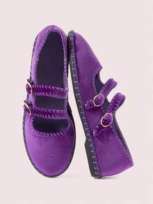 CUCCOO DOLLMOD Sepatu Wanita Ungu Bergaris Ganda Beludru Model Mary Jane Flat - -36A ungu - View 3