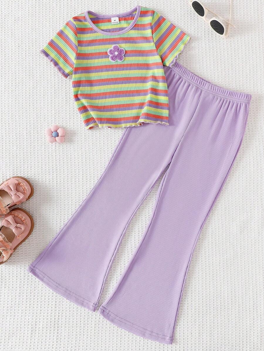 Genkimix Kids Young Girl' Cute Vacation Colorful Striped Purple Embroidered Rib Flare Pants Set - Baby Blue - View 1