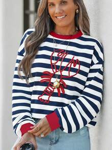 Wildy Casual Minimalist Printed Pattern Crew Neck Loose Fit Women Sweatshirt, Striped Print, Lobster Print - Multicolor - View 6