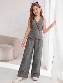 Conjunto informal de top con cuello en V y bajo asimétrico y pantalones para niñas preadolescentes - Marrón - Ver 7