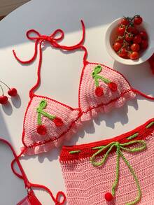 Comfortcana Women's Sexy Sweet Style Hand-Crocheted Halter Cherry Bikini Top With Tie Pom Pom Ruffle Hem Mini Skirt - Multicolor - View 3