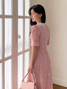 DAZY 女士优雅蕾丝花瓣袖中长连衣裙，夏季 - 淺粉色 - 查看 5