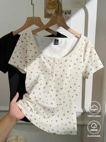 CovetEZ 2pcs Women's Summer Casual Everyday Outfits,Solid Black And Beige Floral Pattern Short Sleeve T-Shirts, Comfortable Fabric Fashionable Top - Multicolor - View 6