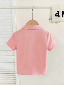 男童休闲卡通笑脸印花短袖衬衫，前开襟纽扣设计，夏季款 - 粉色 - 查看 2