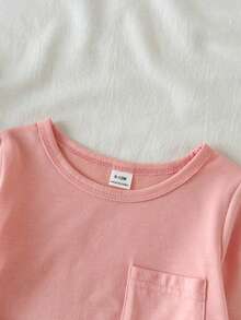 SHEIN Vintaside Kids 两件套女婴休闲百搭纯色长袖口袋上衣和格子图案长裤套装，适合春、秋、冬日常穿着 - 粉色 - 查看 3