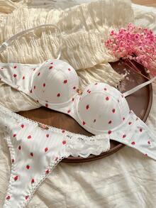 Ladies Lace Splice Strawberry Print Underwire Bra And Panty Set (2 Pieces), Lingerie, Kawaii - White - View 1