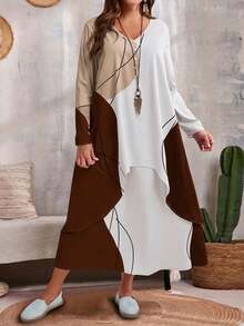 EMERY ROSE Plus Size Casual Contrast Color Block Faux 2-In-1 Dress Fall Clothes - Coffee Brown - View 3