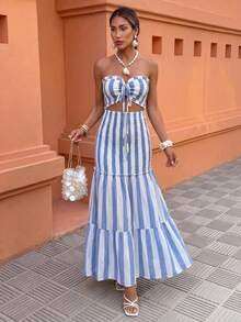 Flora Isola Flora Isola 2025夏季新款裹胸条纹性感优雅女士多功能腰带吊带连衣裙，适合约会、外出、度假、节日、独立日、返校、教师装、婚礼、派对、音乐节、慕尼黑啤酒节、万圣节、感恩节等场合。 - 藍白色 - 查看 4