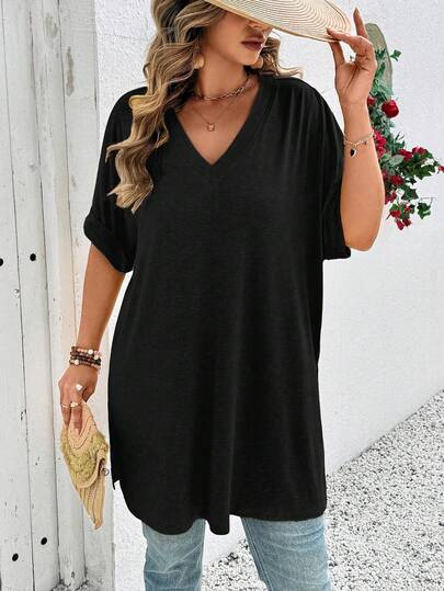 Linhara CURVE Plus Size Solid Color Minimalist V-Neck Short Sleeve T-Shirt Plus Size Oversized T Shirt Plus Size Tops For Women Blouse For Women Casual Plus Size Cotton Oversize Dress For Women