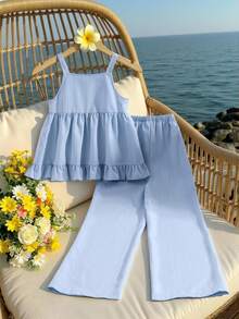 SHEIN Sparklyn Tween Girls Baby Blue Solid Color Sleeveless Top And Pants 2-Piece Set,Summer Tropical Vacation Holiday Clothes,Island Style Vintage Two Piece Sets - Baby Blue - View 3